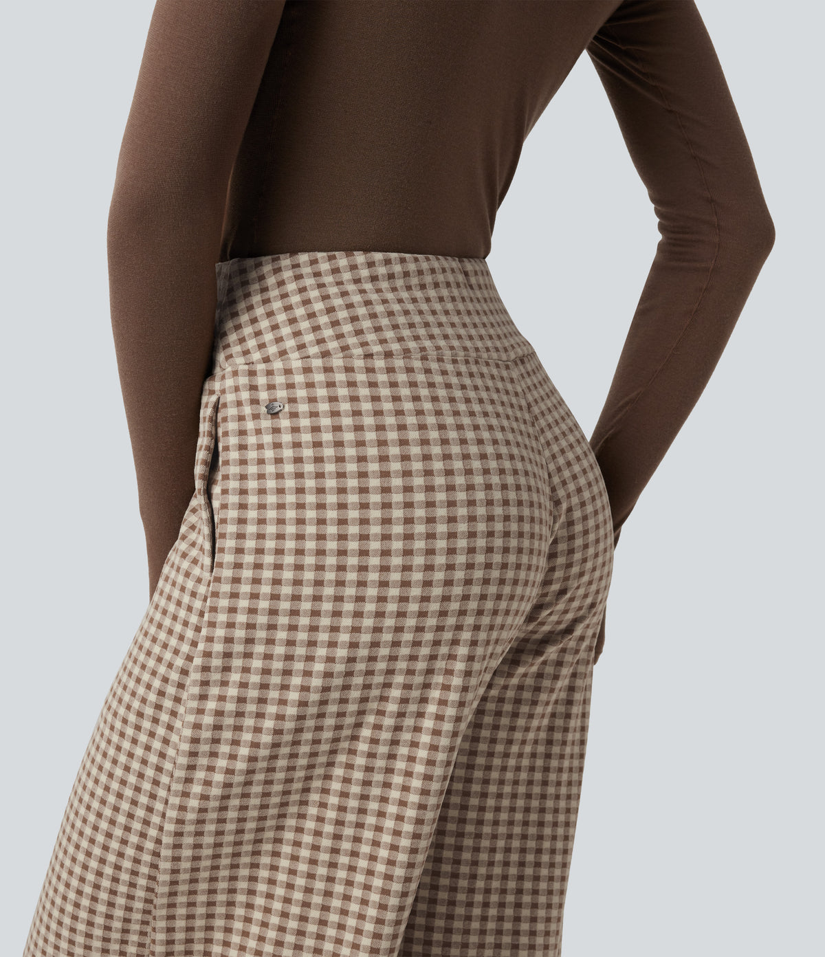 Mid Rise Plaid Drawstring Casual Baggy Trousers with Pockets — Paris Café Check — view 7