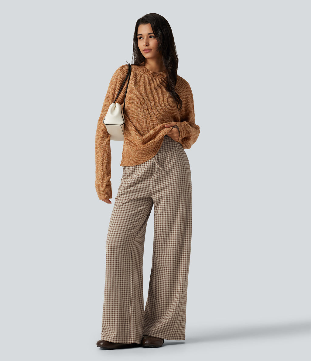 Mid Rise Plaid Drawstring Casual Baggy Trousers with Pockets — Paris Café Check — view 4