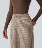 Mid Rise Plaid Drawstring Casual Baggy Trousers with Pockets — Paris Café Check — view 6
