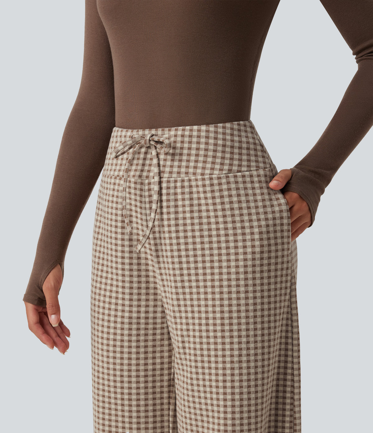 Mid Rise Plaid Drawstring Casual Baggy Trousers with Pockets — Paris Café Check — view 6
