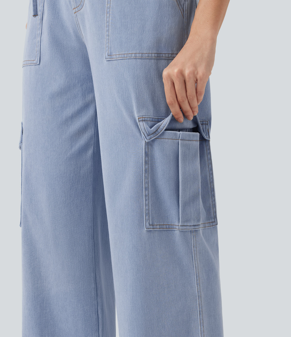 Mid Rise Drawstring Straight Leg Casual Cargo Jeans with Pockets — Powder Blue Denim — view 6