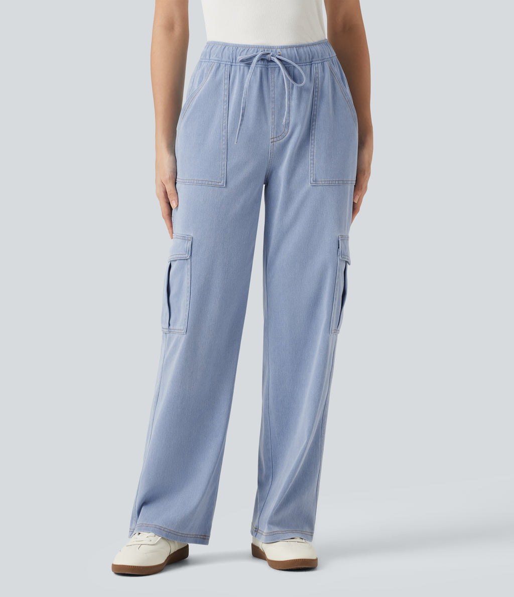Mid Rise Drawstring Straight Leg Casual Cargo Jeans with Pockets — Powder Blue Denim — view 3