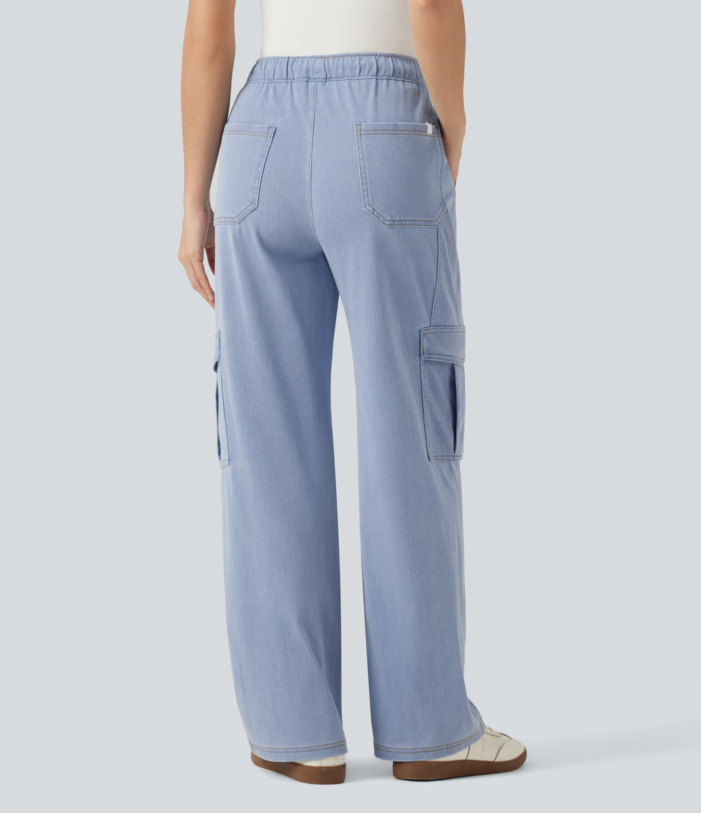 Mid Rise Drawstring Straight Leg Casual Cargo Jeans with Pockets — Powder Blue Denim — view 2
