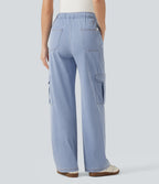 Mid Rise Drawstring Straight Leg Casual Cargo Jeans with Pockets — Powder Blue Denim — view 2