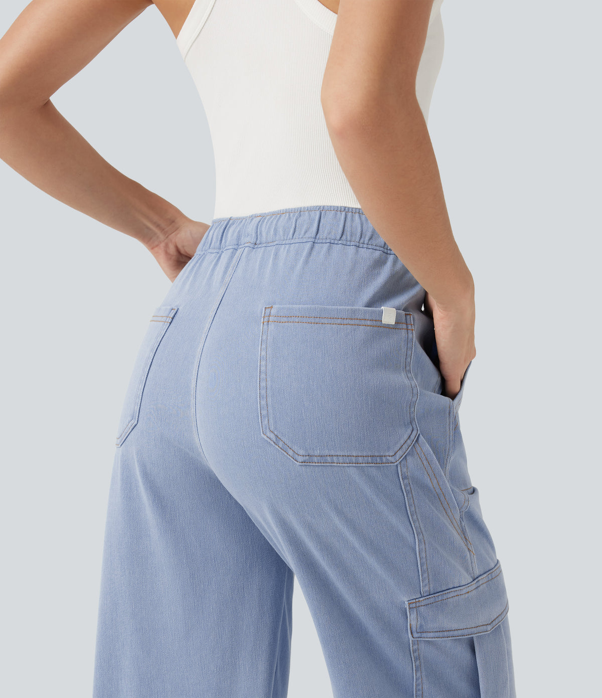 Mid Rise Drawstring Straight Leg Casual Cargo Jeans with Pockets — Powder Blue Denim — view 5