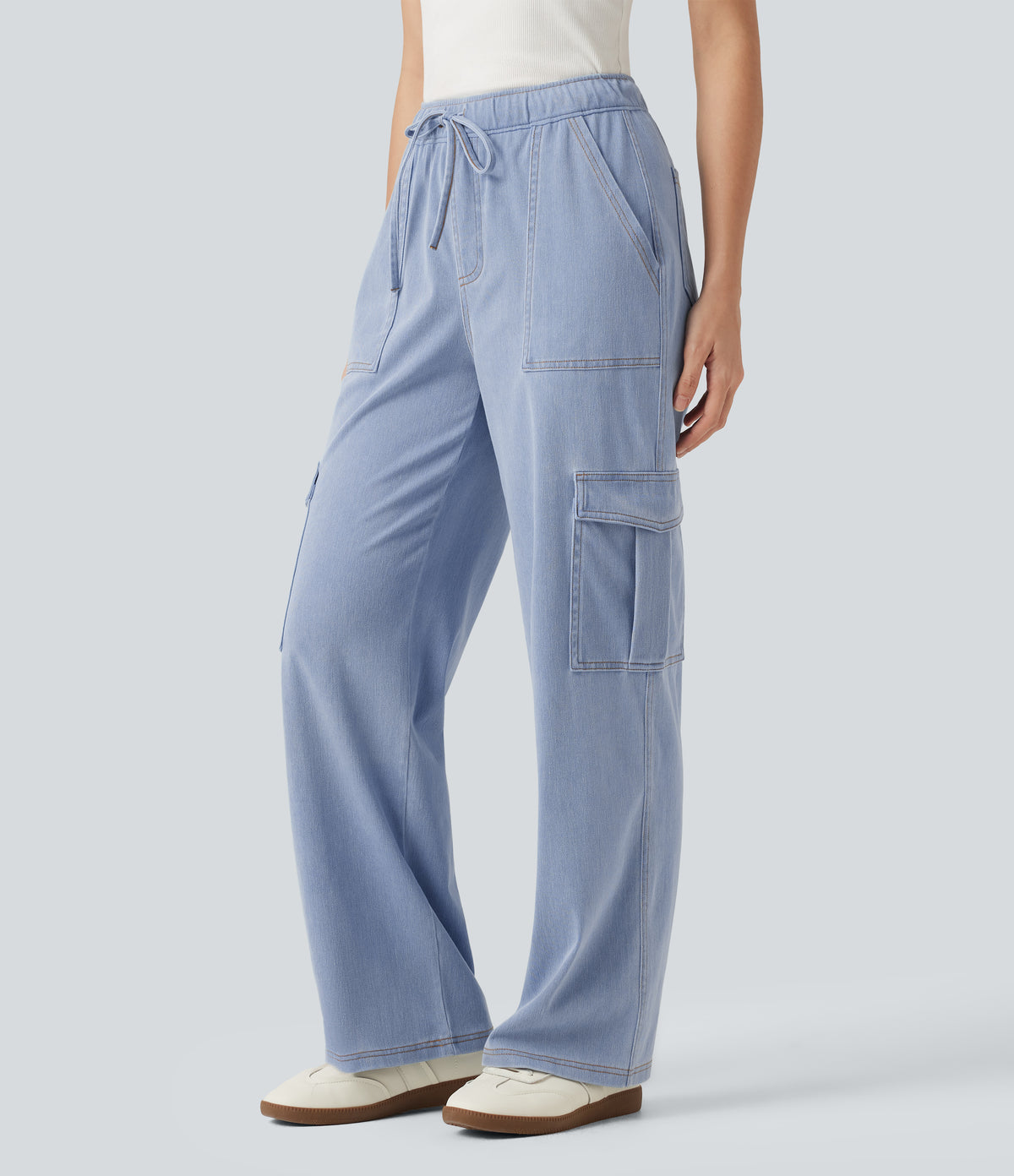 Mid Rise Drawstring Straight Leg Casual Cargo Jeans with Pockets — Powder Blue Denim — view 1