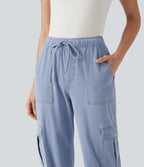 Mid Rise Drawstring Straight Leg Casual Cargo Jeans with Pockets — Powder Blue Denim — view 4
