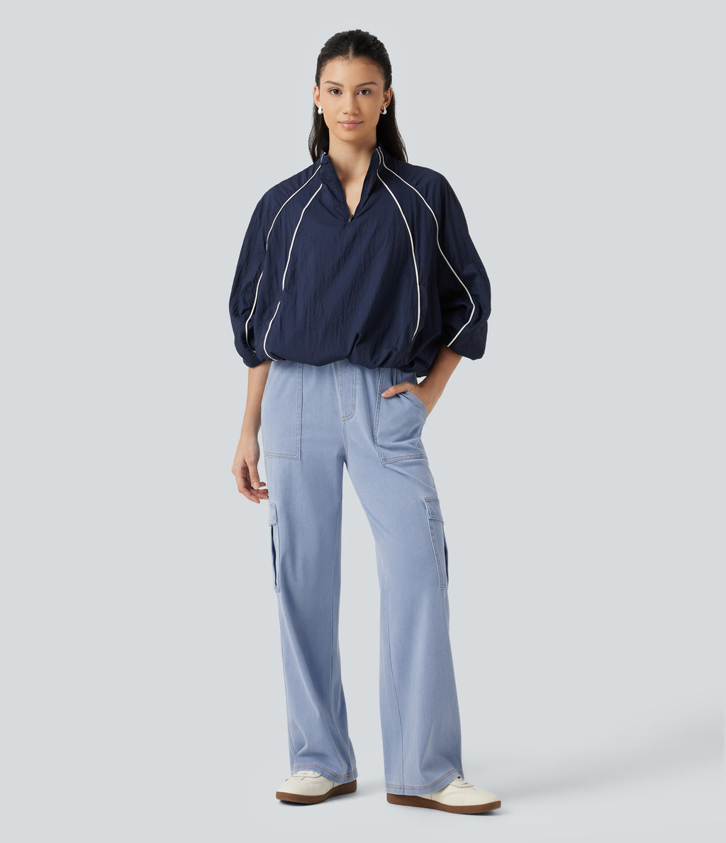 Mid Rise Drawstring Straight Leg Casual Cargo Jeans with Pockets — Powder Blue Denim — view 8
