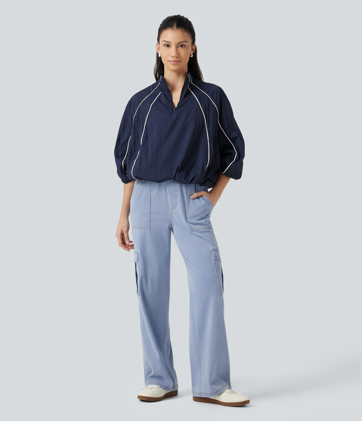 Mid Rise Drawstring Straight Leg Casual Cargo Jeans with Pockets — Powder Blue Denim — view 8
