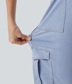Mid Rise Drawstring Straight Leg Casual Cargo Jeans with Pockets — Powder Blue Denim — view 7