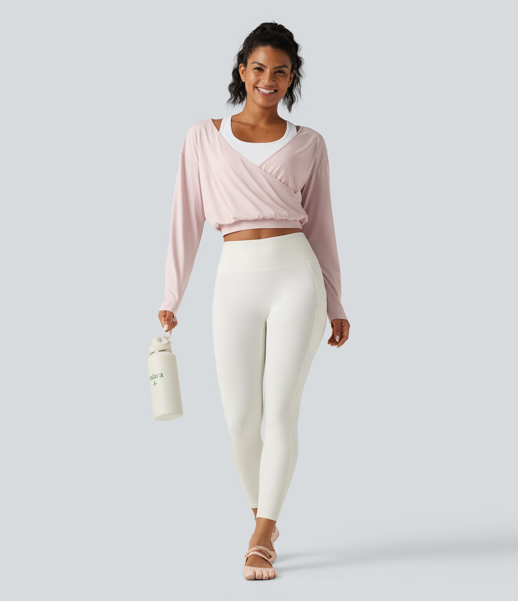 Built-in Bra 2-in-1 Long Sleeve Boxy InstantCool Cropped Yoga Sports Top-UPF50+ — Primrose Pink — view 8