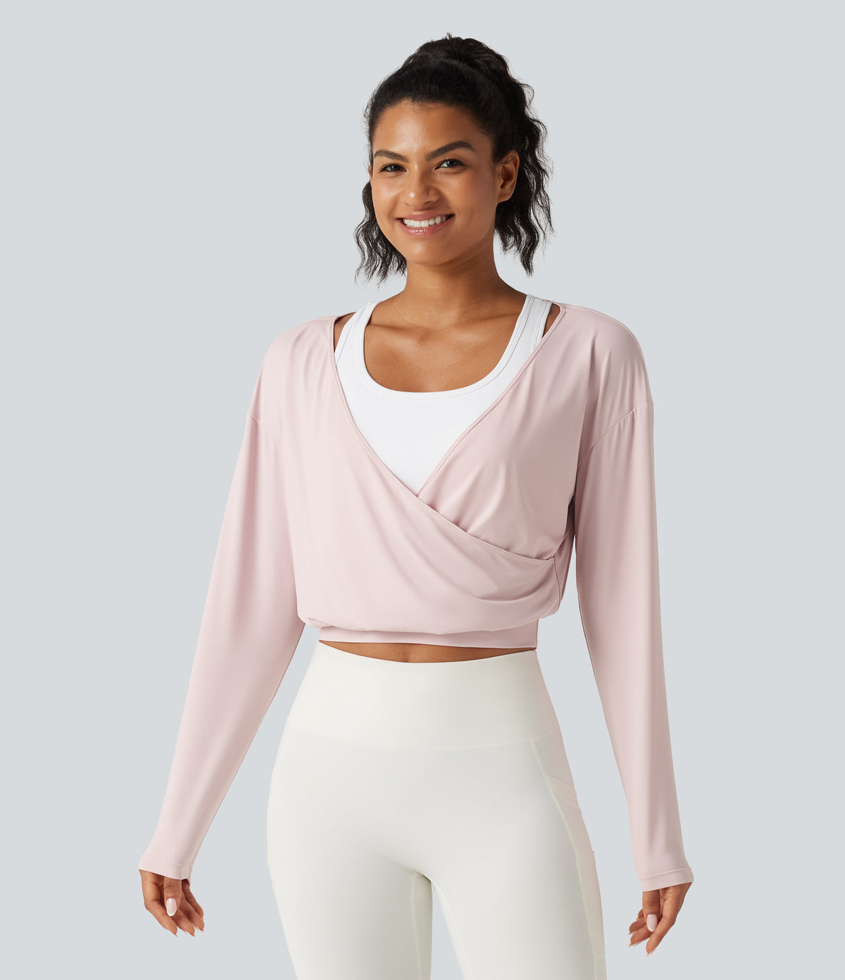 Built-in Bra 2-in-1 Long Sleeve Boxy InstantCool Cropped Yoga Sports Top-UPF50+ — Primrose Pink — view 3