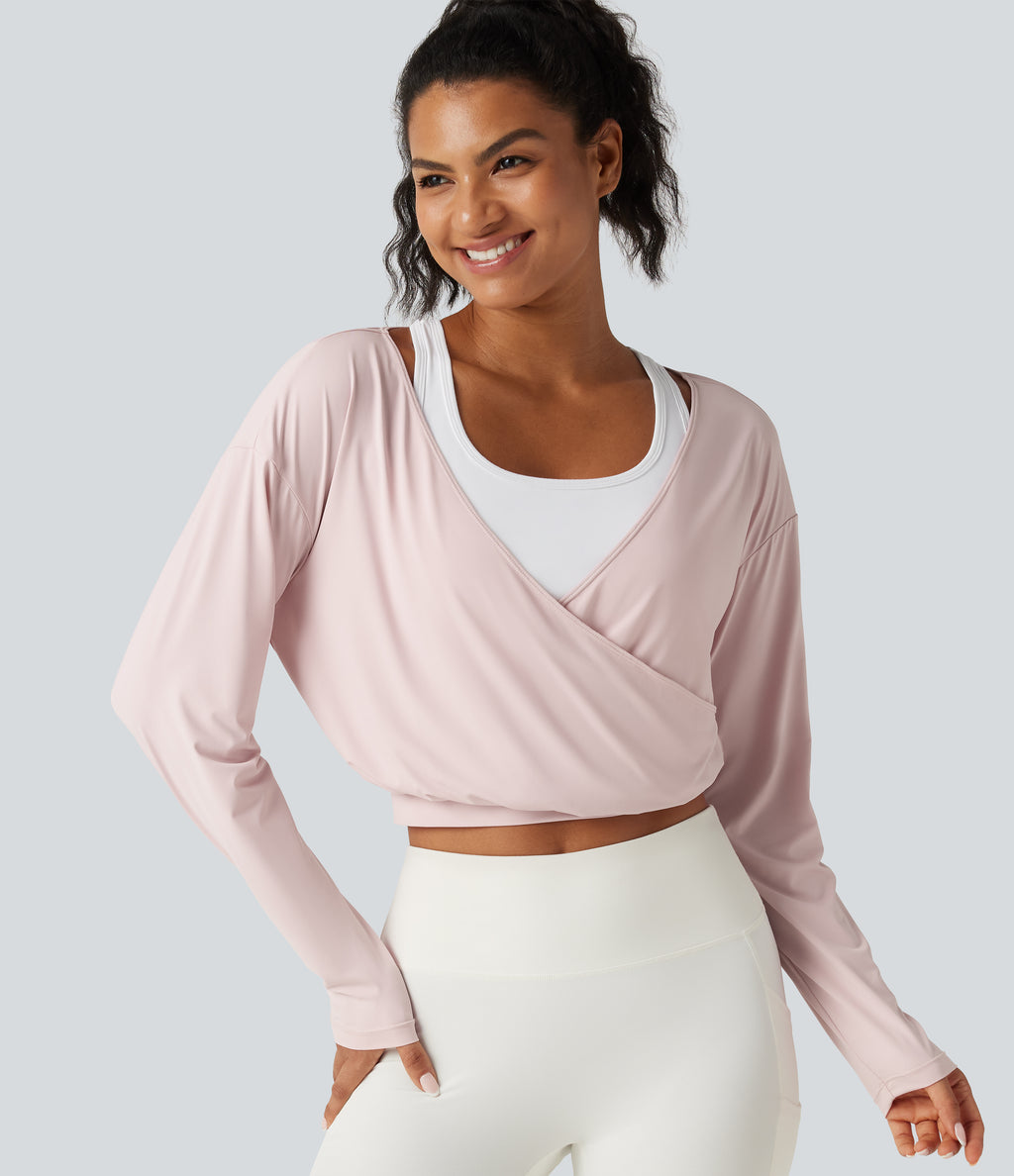 Built-in Bra 2-in-1 Long Sleeve Boxy InstantCool Cropped Yoga Sports Top-UPF50+ — Primrose Pink — view 5