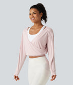 Built-in Bra 2-in-1 Long Sleeve Boxy InstantCool Cropped Yoga Sports Top-UPF50+ — Primrose Pink — view 4