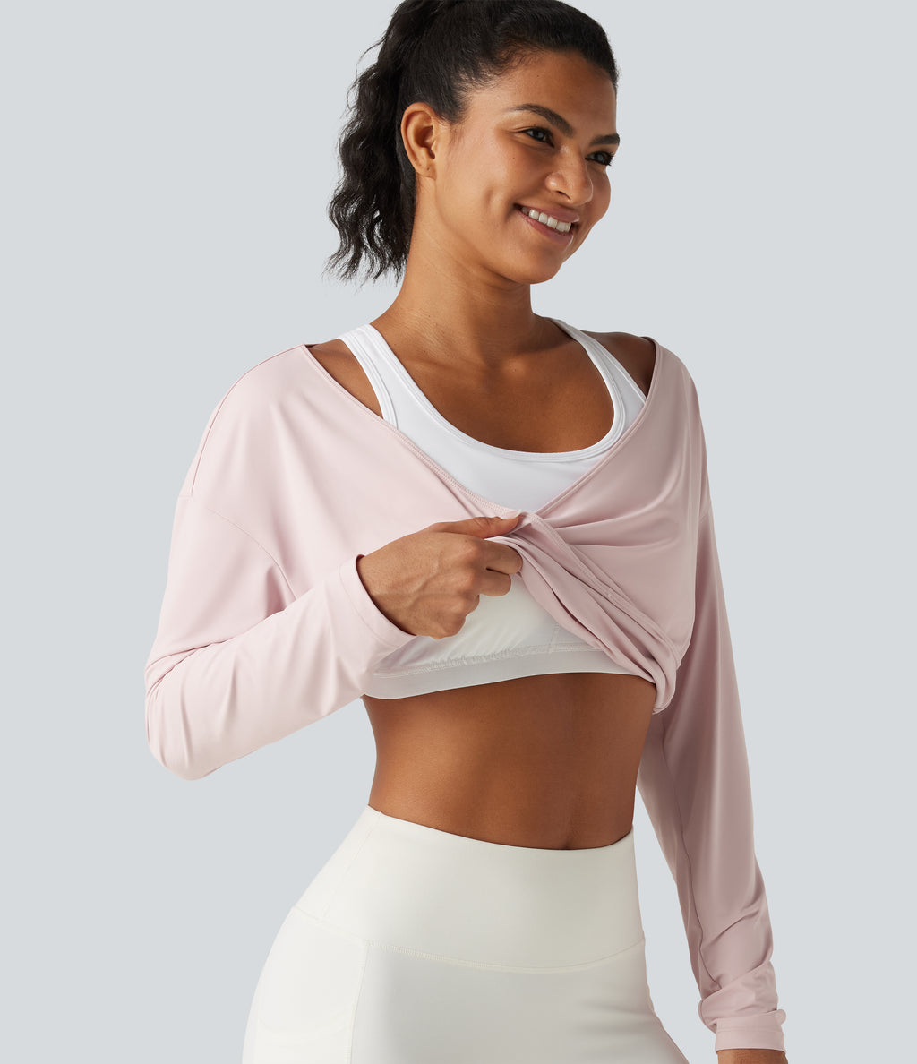 Built-in Bra 2-in-1 Long Sleeve Boxy InstantCool Cropped Yoga Sports Top-UPF50+ — Primrose Pink — view 1