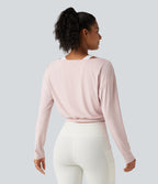 Built-in Bra 2-in-1 Long Sleeve Boxy InstantCool Cropped Yoga Sports Top-UPF50+ — Primrose Pink — view 2