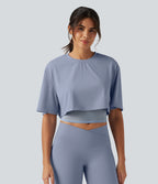 Airy Round Neck Contrast Mesh 2-in-1 Short Sleeve Yoga Tops — Chambray Blue — view 4
