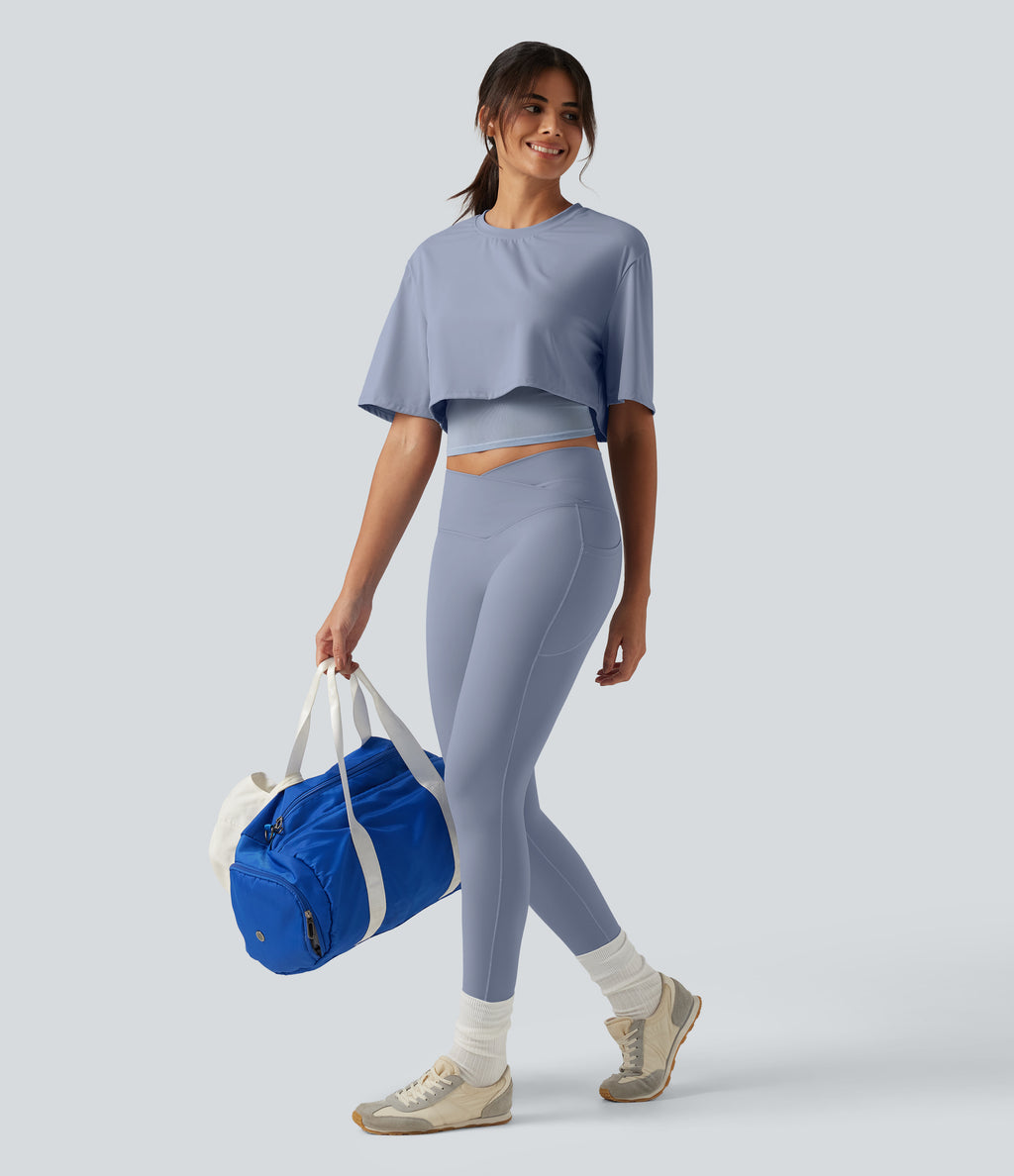 Airy Round Neck Contrast Mesh 2-in-1 Short Sleeve Yoga Tops — Chambray Blue — view 7