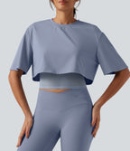 Airy Round Neck Contrast Mesh 2-in-1 Short Sleeve Yoga Tops — Chambray Blue — view 5