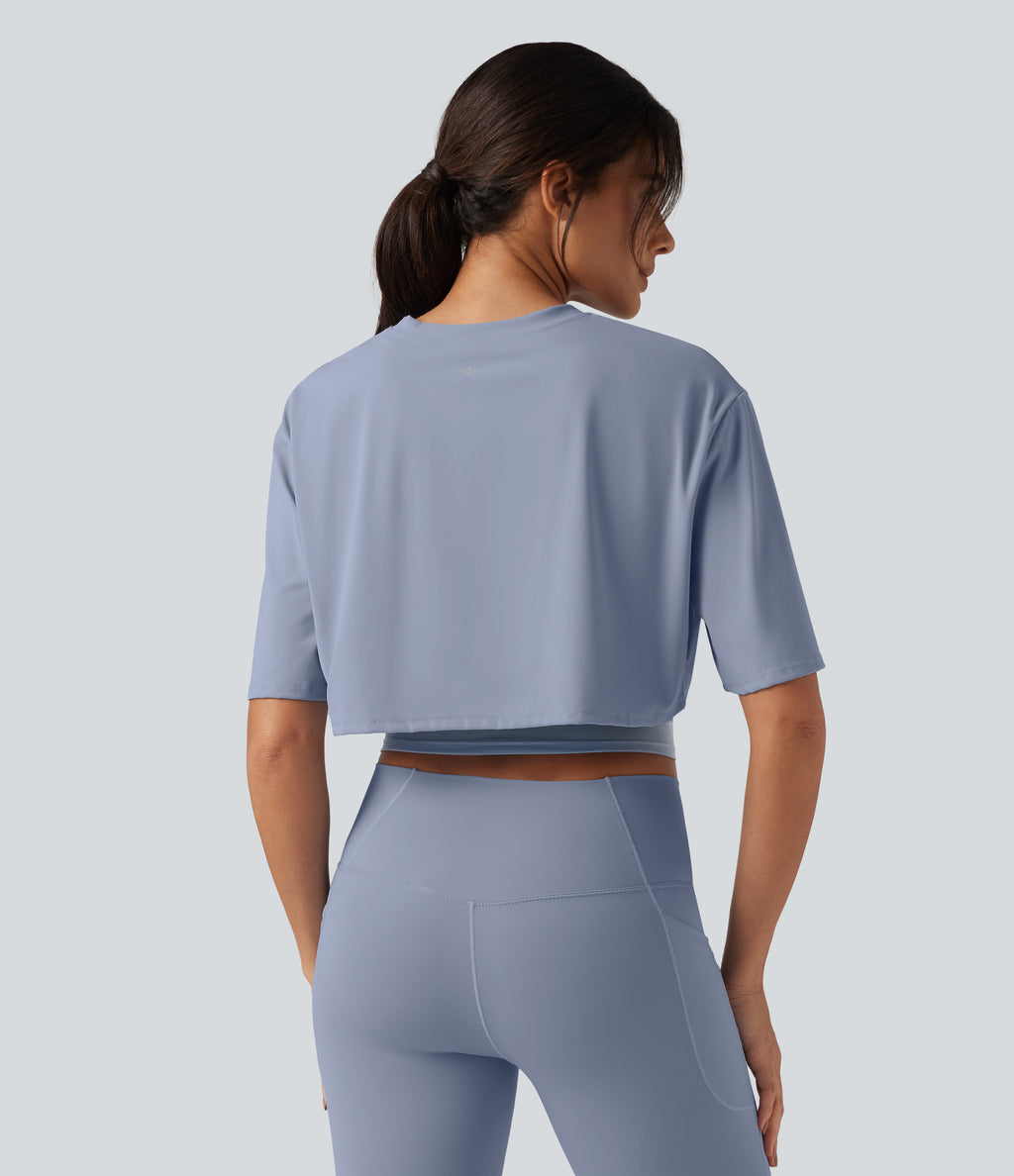Airy Round Neck Contrast Mesh 2-in-1 Short Sleeve Yoga Tops — Chambray Blue — view 2