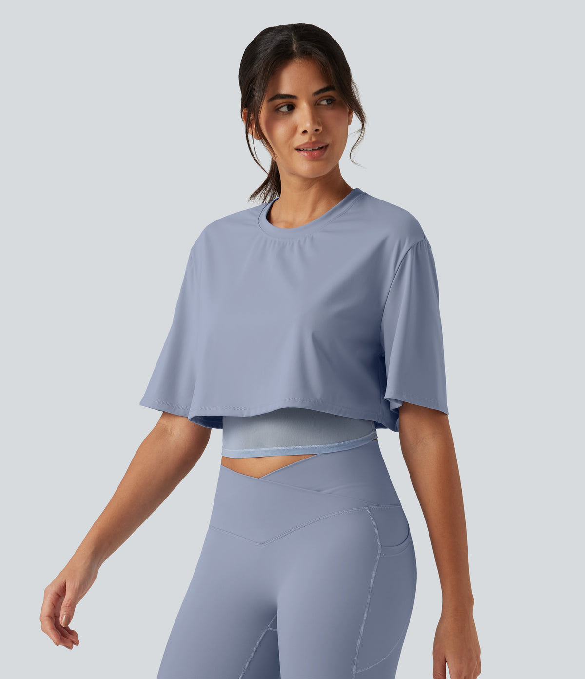 Airy Round Neck Contrast Mesh 2-in-1 Short Sleeve Yoga Tops — Chambray Blue — view 3