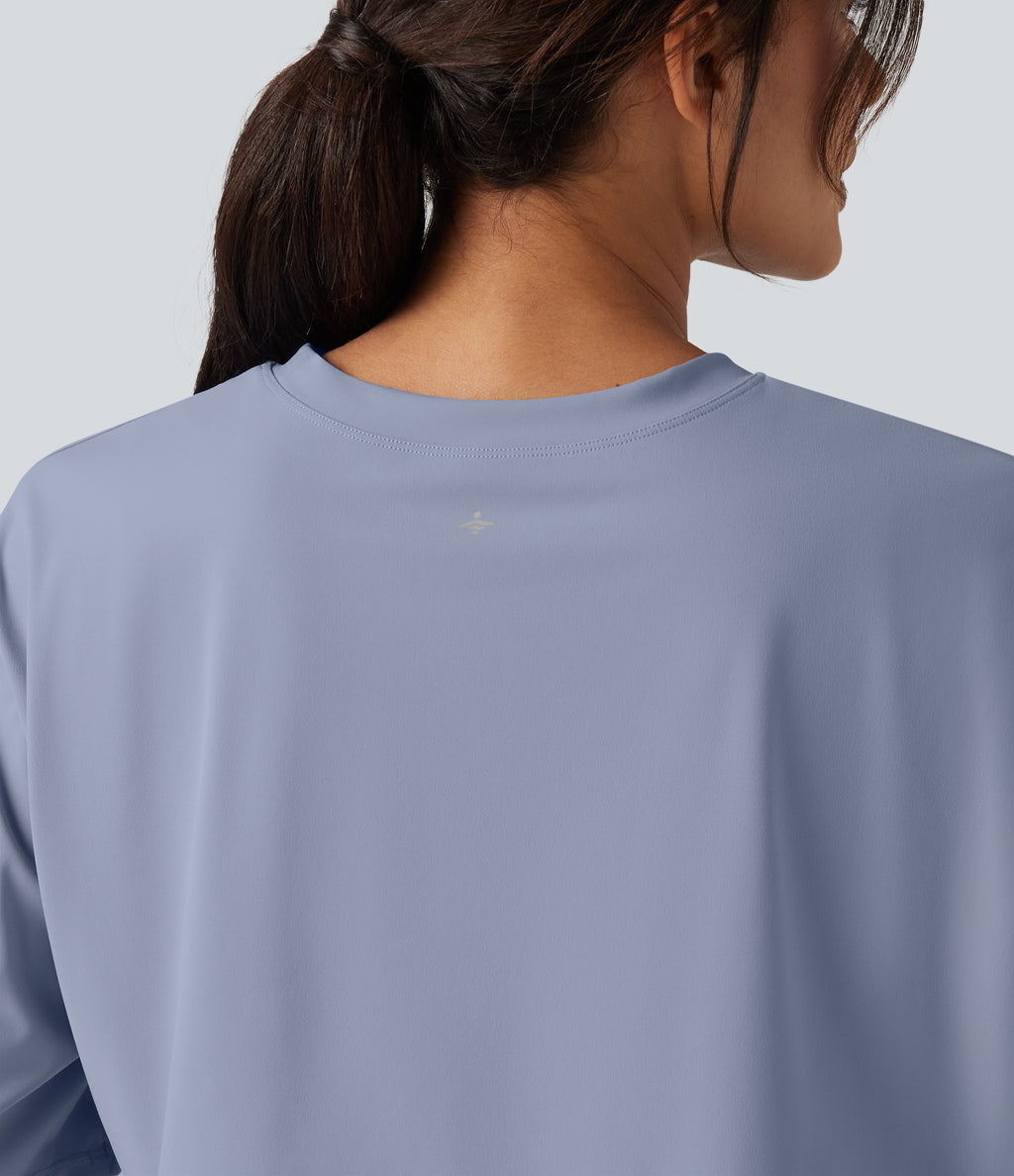 Airy Round Neck Contrast Mesh 2-in-1 Short Sleeve Yoga Tops — Chambray Blue — view 6