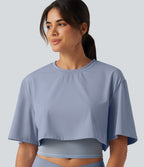 Airy Round Neck Contrast Mesh 2-in-1 Short Sleeve Yoga Tops — Chambray Blue — view 1
