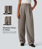 High Waisted Barrel Leg Plaid Casual Trousers with Pockets — Soft Sandstone Beige — view 1