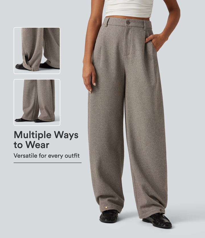 High Waisted Barrel Leg Plaid Casual Trousers with Pockets — Soft Sandstone Beige — view 1