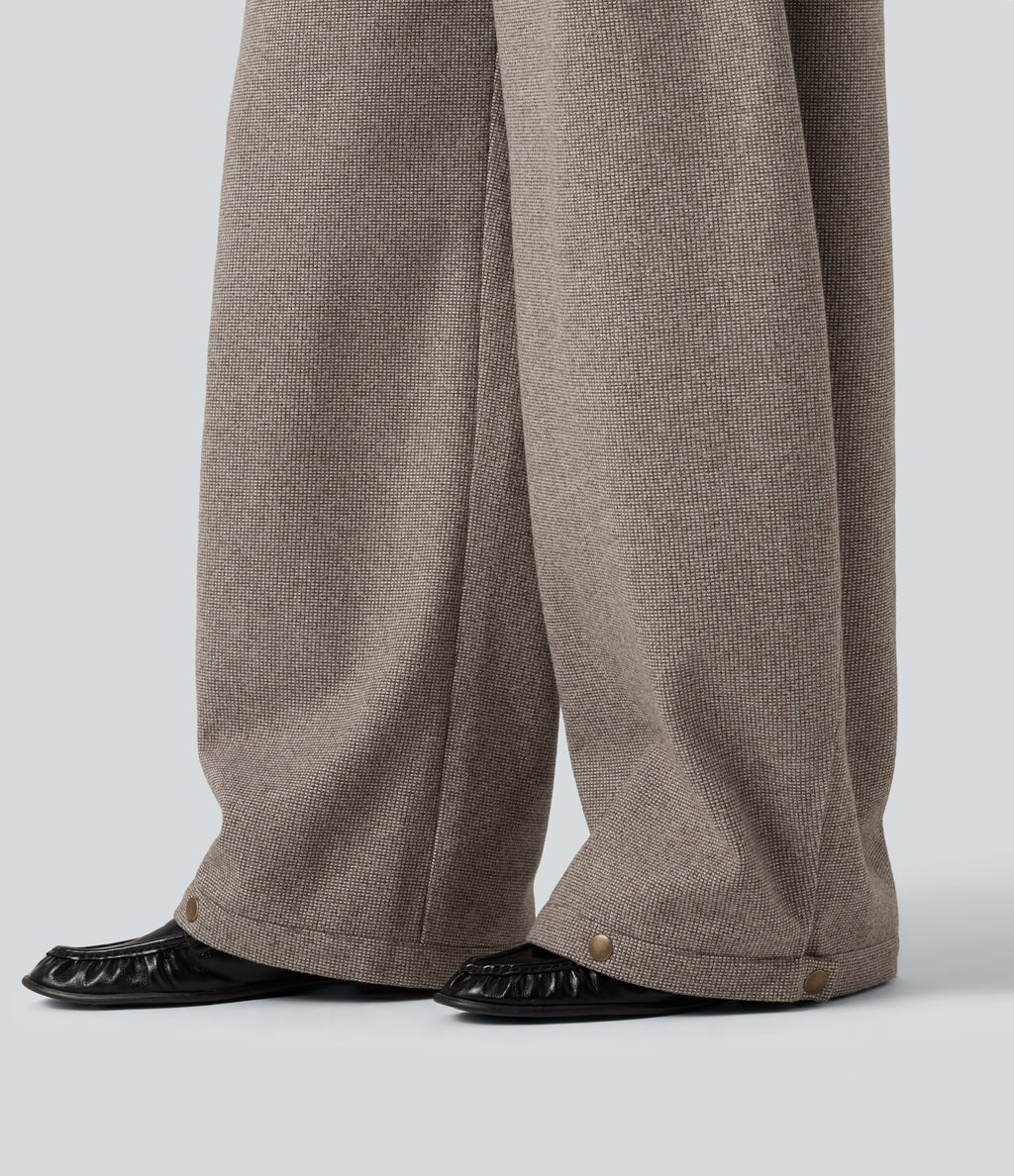 High Waisted Barrel Leg Plaid Casual Trousers with Pockets — Soft Sandstone Beige — view 8
