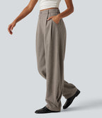 High Waisted Barrel Leg Plaid Casual Trousers with Pockets — Soft Sandstone Beige — view 3