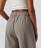 High Waisted Barrel Leg Plaid Casual Trousers with Pockets — Soft Sandstone Beige — view 5