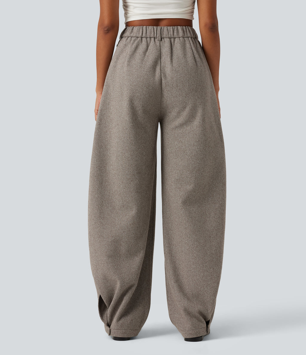 High Waisted Barrel Leg Plaid Casual Trousers with Pockets — Soft Sandstone Beige — view 2