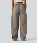 High Waisted Barrel Leg Plaid Casual Trousers with Pockets — Soft Sandstone Beige — view 2