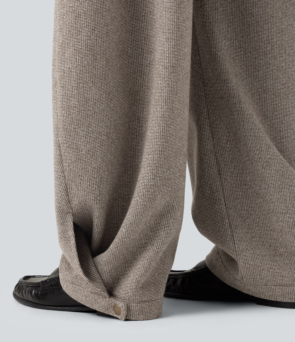 High Waisted Barrel Leg Plaid Casual Trousers with Pockets — Soft Sandstone Beige — view 7