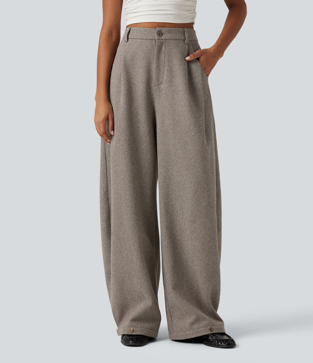 High Waisted Barrel Leg Plaid Casual Trousers with Pockets — Soft Sandstone Beige — view 4