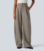 High Waisted Barrel Leg Plaid Casual Trousers with Pockets — Soft Sandstone Beige — view 4