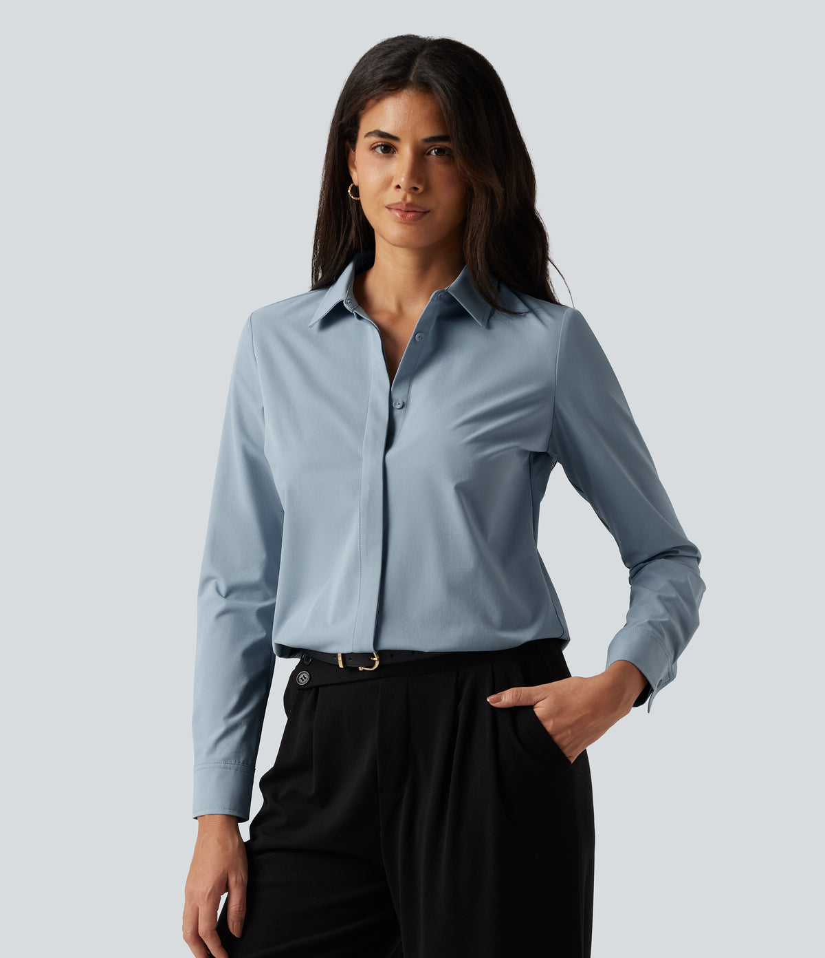 Collared Long Sleeve Curved Hem Work Shirt — Mountain Spring — view 3
