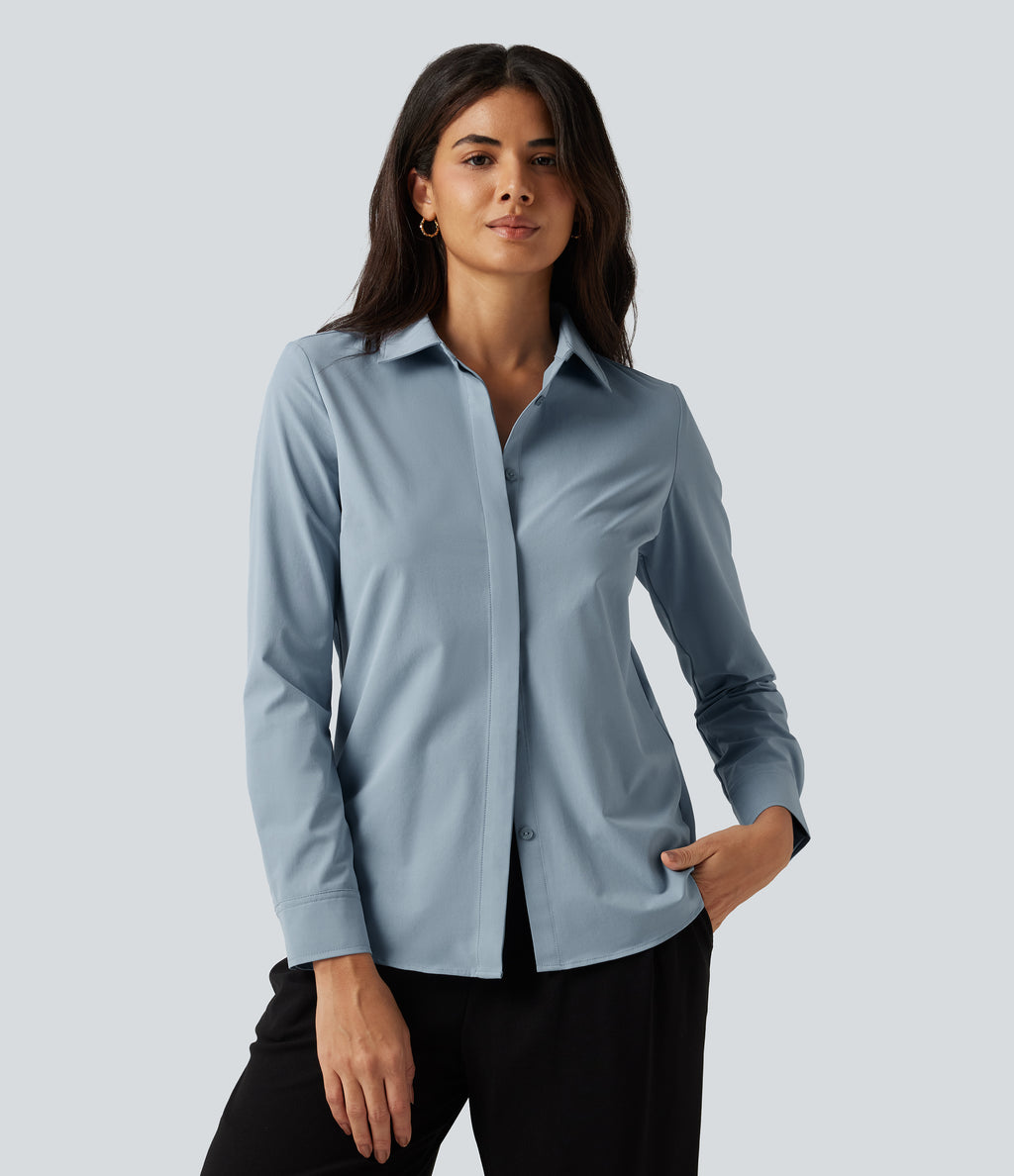 Collared Long Sleeve Curved Hem Work Shirt — Mountain Spring — view 4
