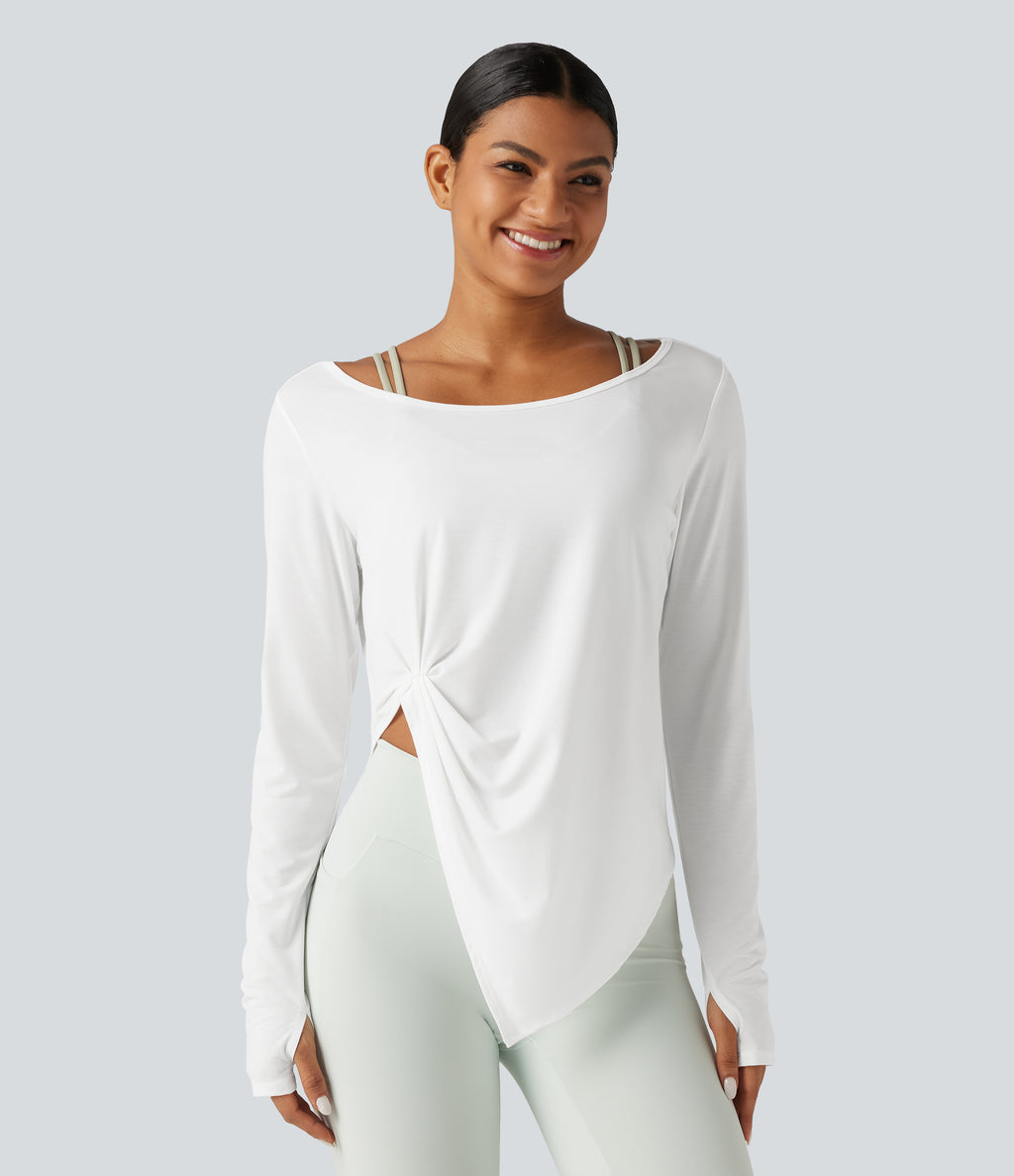 Long Sleeve Thumb Hole Twisted Quick Dry Yoga Sports Top — White — view 4