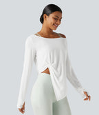 Long Sleeve Thumb Hole Twisted Quick Dry Yoga Sports Top — White — view 3
