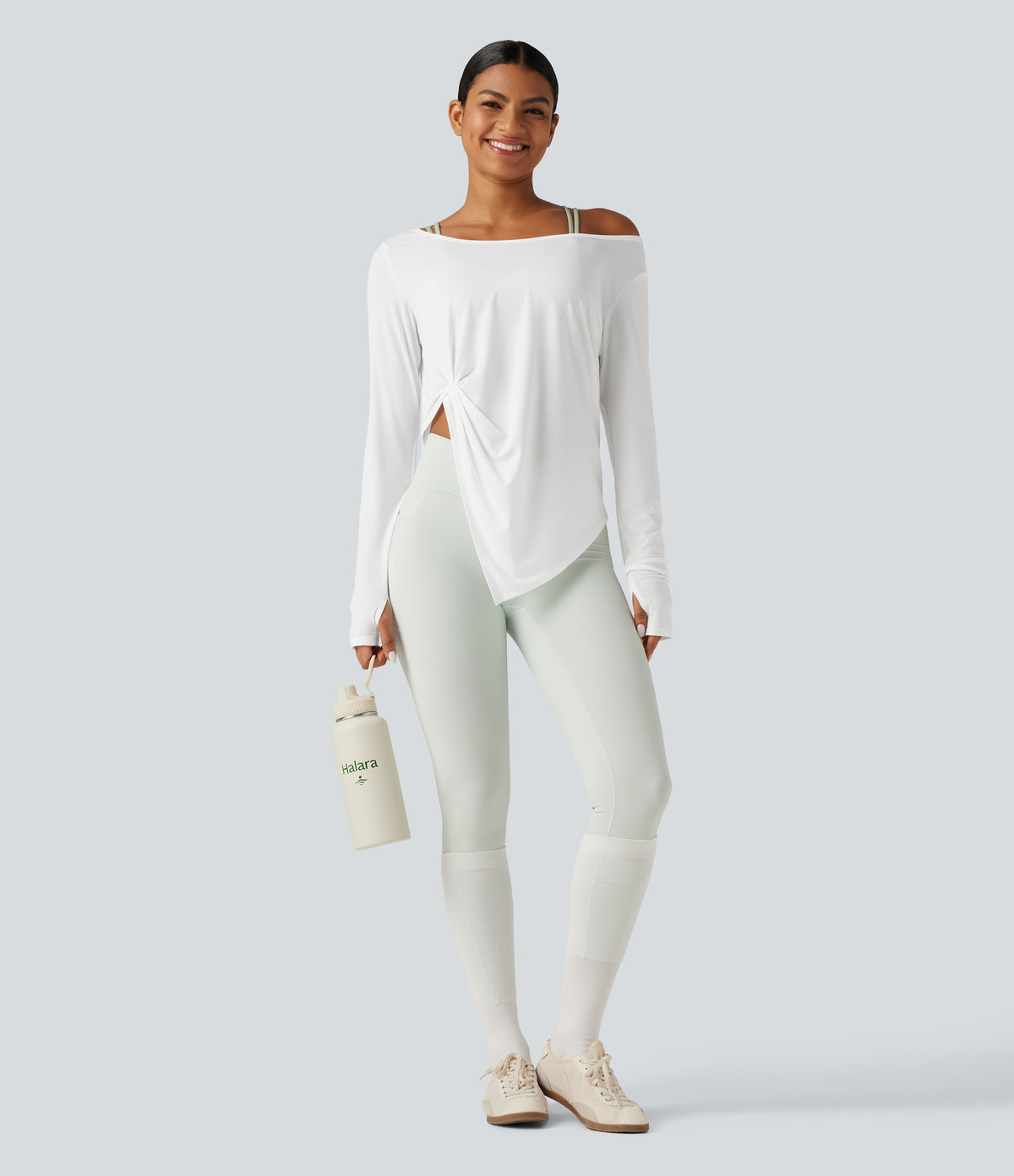 Long Sleeve Thumb Hole Twisted Quick Dry Yoga Sports Top — White — view 6