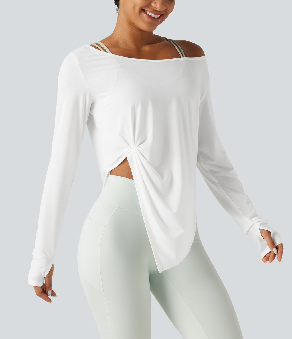 Long Sleeve Thumb Hole Twisted Quick Dry Yoga Sports Top — White — view 5