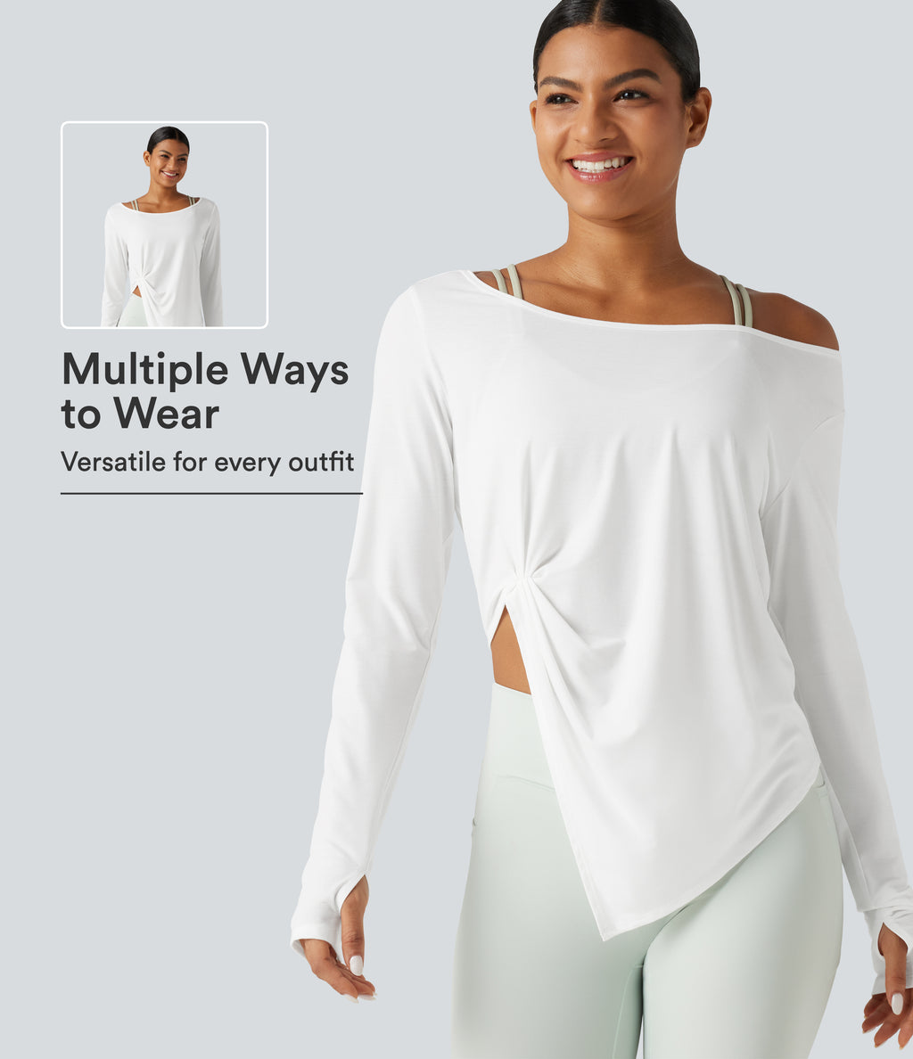 Long Sleeve Thumb Hole Twisted Quick Dry Yoga Sports Top — White — view 1