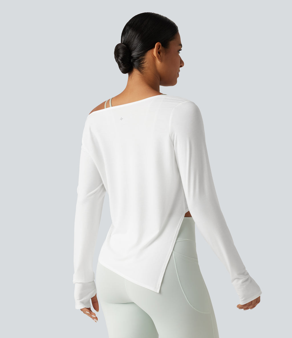 Long Sleeve Thumb Hole Twisted Quick Dry Yoga Sports Top — White — view 2