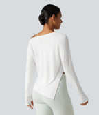 Long Sleeve Thumb Hole Twisted Quick Dry Yoga Sports Top — White — view 2