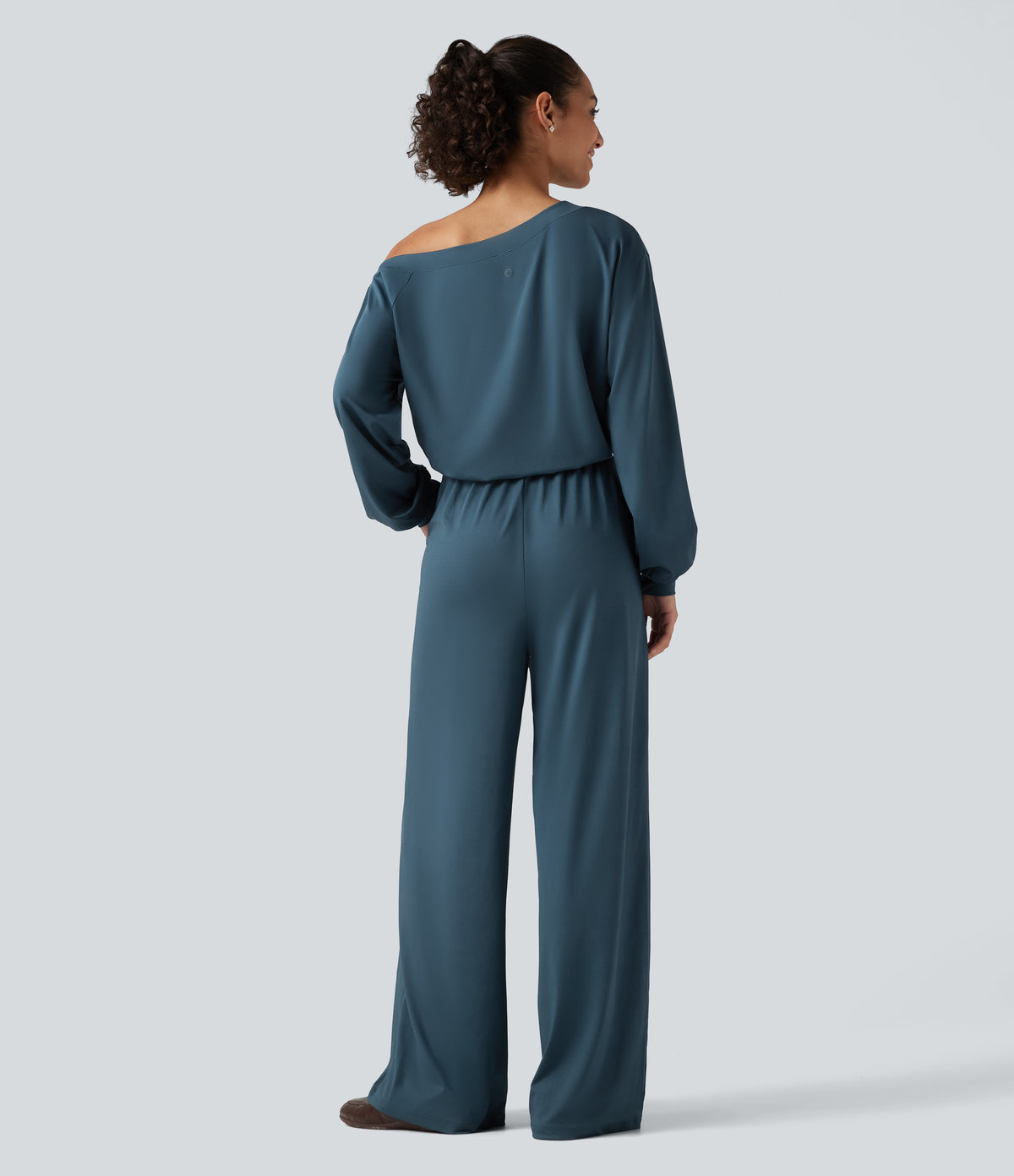 One Shoulder Long Sleeve Drawstring Baggy Casual Jumpsuit with Pockets-Edition — Balsam — view 2