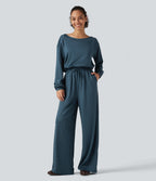 One Shoulder Long Sleeve Drawstring Baggy Casual Jumpsuit with Pockets-Edition — Balsam — view 4