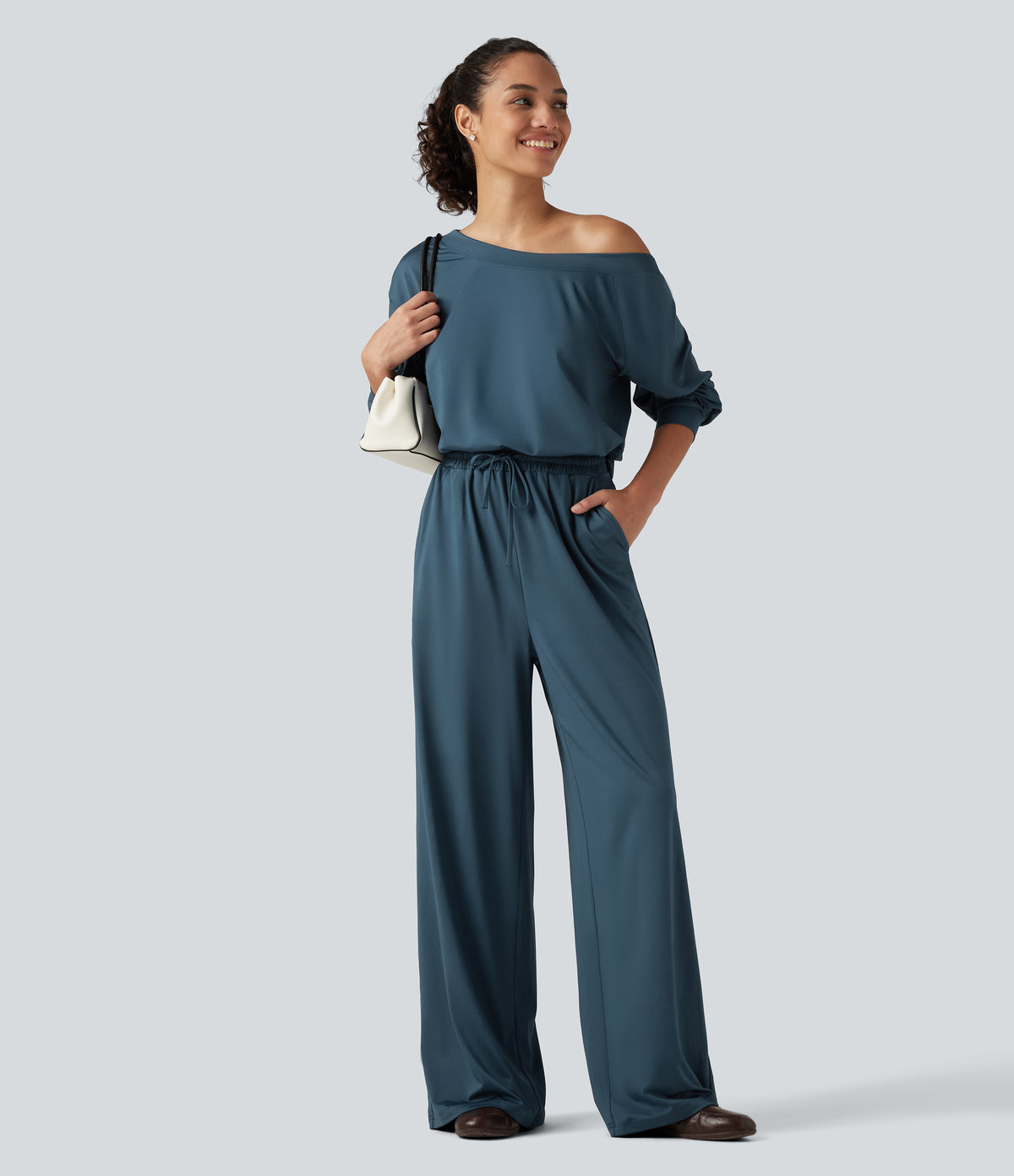 One Shoulder Long Sleeve Drawstring Baggy Casual Jumpsuit with Pockets-Edition — Balsam — view 7