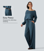 One Shoulder Long Sleeve Drawstring Baggy Casual Jumpsuit with Pockets-Edition — Balsam — view 1